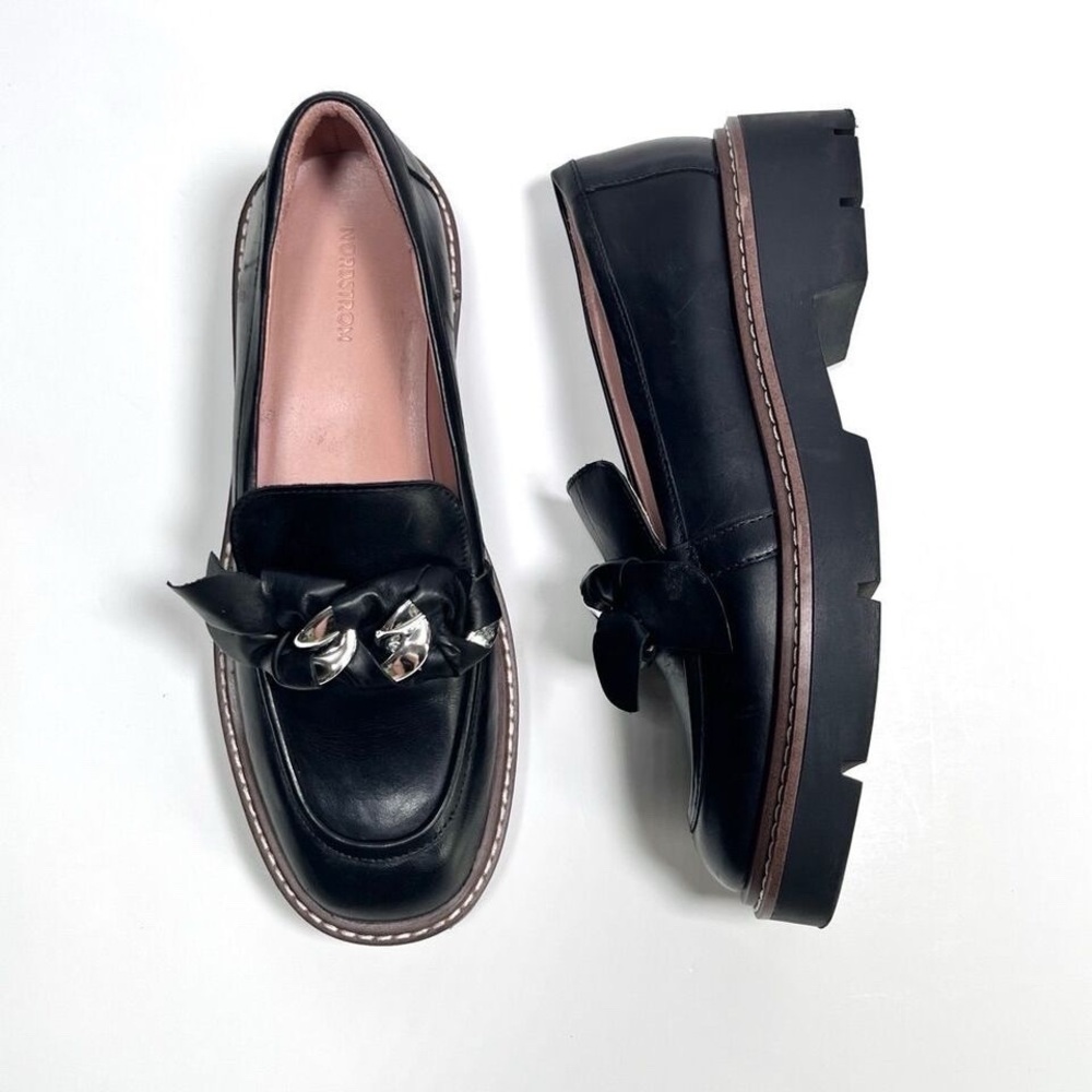 Nordstrom Black Leather Chain-Trim Loafers
